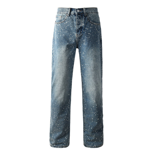 Vaqueros rectos azules para hombre con diseño de salpicaduras de pintura, estilo informal vintage lavado, estilo urbano, 9126 