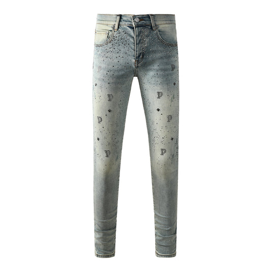 Vaqueros azul claro de moda para hombre, corte ajustado, con estampado negro y detalles de cristales 9127 