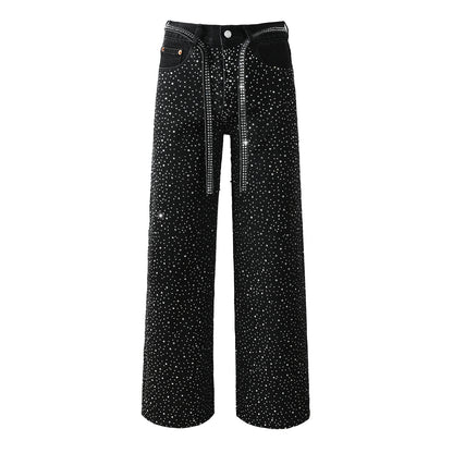Vaqueros negros holgados de moda para hombre con tachuelas de cristal brillante y tiras decorativas delanteras 9128 