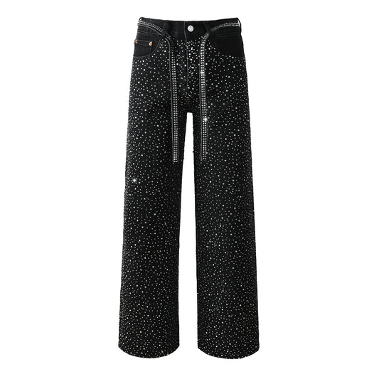 Vaqueros negros holgados de moda para hombre con tachuelas de cristal brillante y tiras decorativas delanteras 9128 