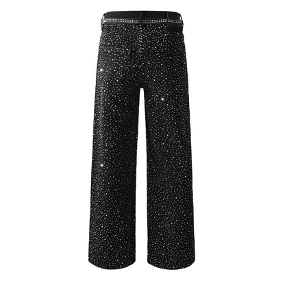 Vaqueros negros holgados de moda para hombre con tachuelas de cristal brillante y tiras decorativas delanteras 9128 