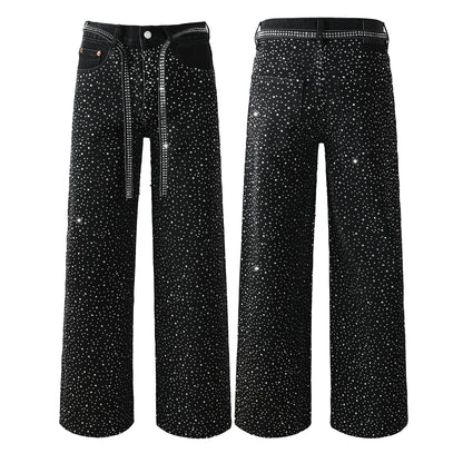 Vaqueros negros holgados de moda para hombre con tachuelas de cristal brillante y tiras decorativas delanteras 9128 
