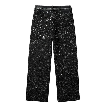 Vaqueros negros holgados de moda para hombre con tachuelas de cristal brillante y tiras decorativas delanteras 9128 
