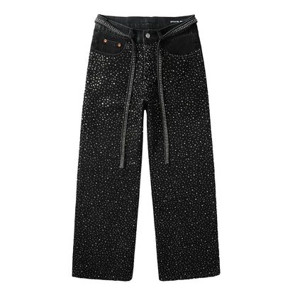 Vaqueros negros holgados de moda para hombre con tachuelas de cristal brillante y tiras decorativas delanteras 9128 