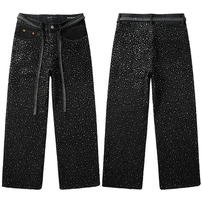 Vaqueros negros holgados de moda para hombre con tachuelas de cristal brillante y tiras decorativas delanteras 9128 