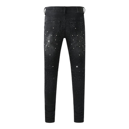 Vaqueros negros ajustados para hombre con adornos de diamantes de imitación degradados, denim brillante inspirado en el cielo nocturno 9130 
