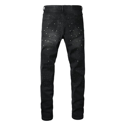 Vaqueros negros ajustados para hombre con adornos de diamantes de imitación degradados, denim brillante inspirado en el cielo nocturno 9130 