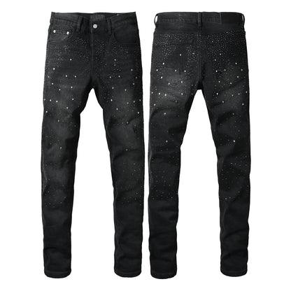 Vaqueros negros ajustados para hombre con adornos de diamantes de imitación degradados, denim brillante inspirado en el cielo nocturno 9130 