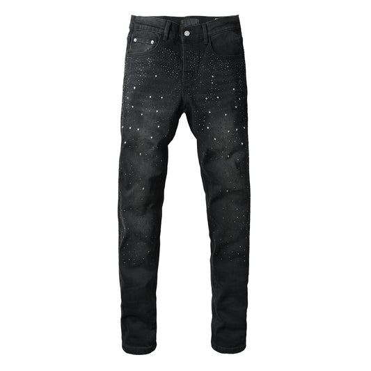 Vaqueros negros ajustados para hombre con adornos de diamantes de imitación degradados, denim brillante inspirado en el cielo nocturno 9130 
