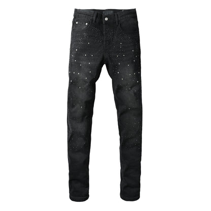 Vaqueros negros ajustados para hombre con adornos de diamantes de imitación degradados, denim brillante inspirado en el cielo nocturno 9130 