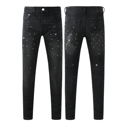 Vaqueros negros ajustados para hombre con adornos de diamantes de imitación degradados, denim brillante inspirado en el cielo nocturno 9130 