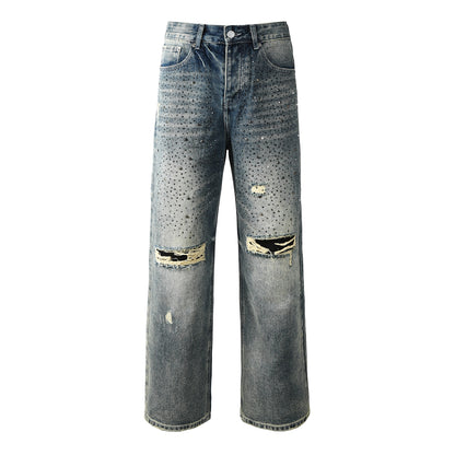 Vaqueros azules lavados de diseñador para hombre, corte holgado, con adornos de cristal y un aspecto desgastado y atrevido 9131 
