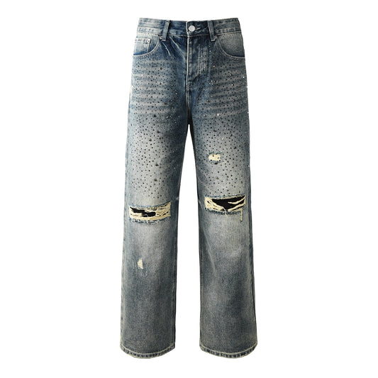 Vaqueros azules lavados de diseñador para hombre, corte holgado, con adornos de cristal y un aspecto desgastado y atrevido 9131 