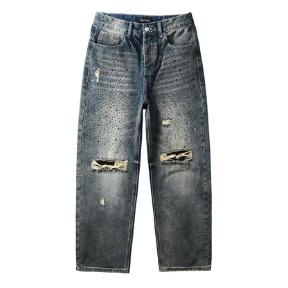 Vaqueros azules lavados de diseñador para hombre, corte holgado, con adornos de cristal y un aspecto desgastado y atrevido 9131 