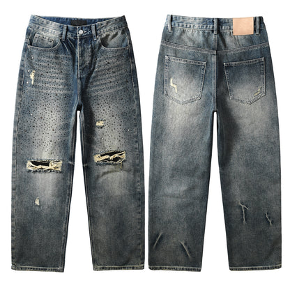 Vaqueros azules lavados de diseñador para hombre, corte holgado, con adornos de cristal y un aspecto desgastado y atrevido 9131 