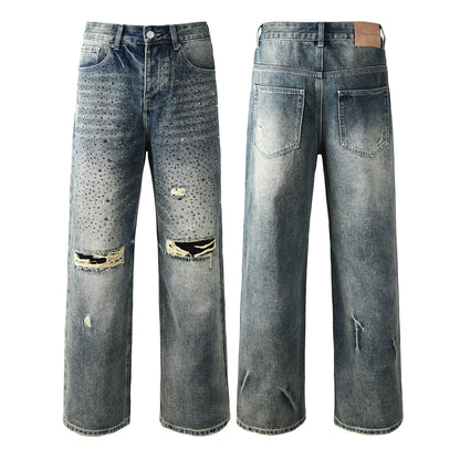 Vaqueros azules lavados de diseñador para hombre, corte holgado, con adornos de cristal y un aspecto desgastado y atrevido 9131 