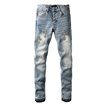 Jean skinny bleu clair pour homme avec motif croix en cristal et strass sur toute la surface 9132 