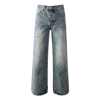 Jean large délavé vintage pour homme avec motif feu d'artifice en cristal et strass sur toute la surface 9133 