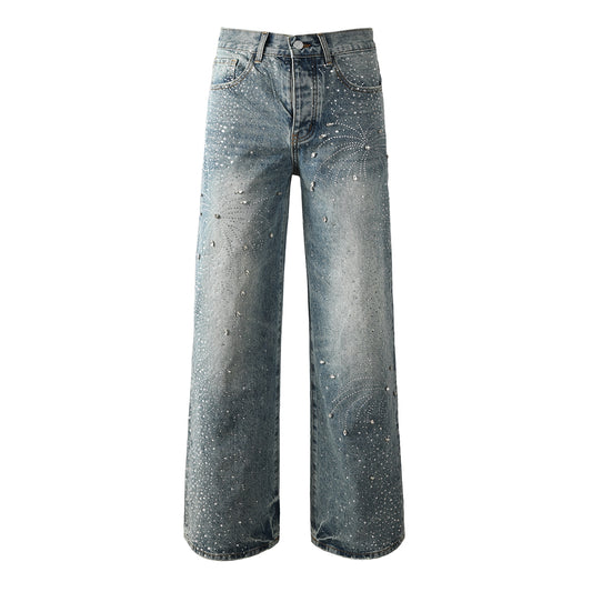 Vaqueros vintage lavados de pierna ancha para hombre con estampado de fuegos artificiales de cristal y detalles de diamantes de imitación 9133 