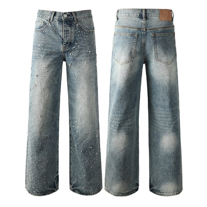 Jean large délavé vintage pour homme avec motif feu d'artifice en cristal et strass sur toute la surface 9133 