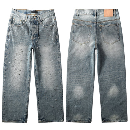 Jean large délavé vintage pour homme avec motif feu d'artifice en cristal et strass sur toute la surface 9133 