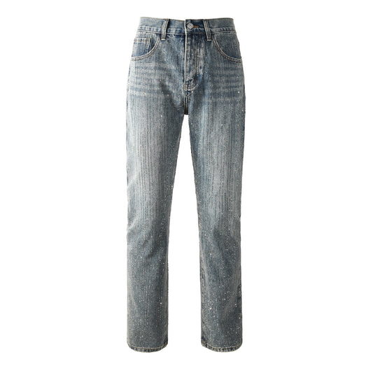 Chic Rhinestone Straight Leg Jeans – Classic High Waist Blue Denim 9140