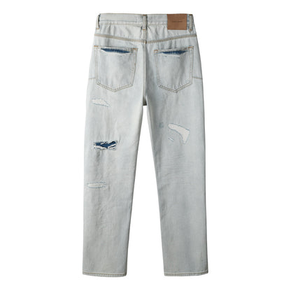 Trendy Distressed Denim Pants – Casual High Rise Light Blue Straight Jeans 9142