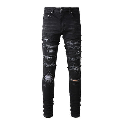 Jean slim stretch noir délavé avec détails en similicuir polyvalents (891-8833) 
