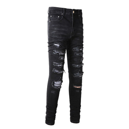 Jean slim stretch noir délavé avec détails en similicuir polyvalents (891-8833) 
