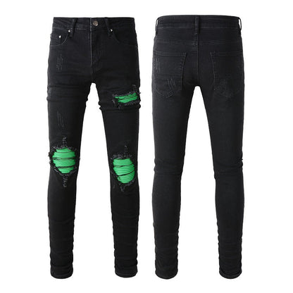 Processus de lavage de rue américain Jeans patch vert Jeans slim extensible rétro pour hommes 8880 