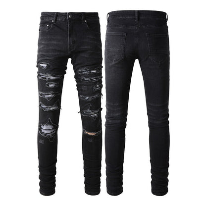 Jean slim stretch noir délavé avec détails en similicuir polyvalents (891-8833) 