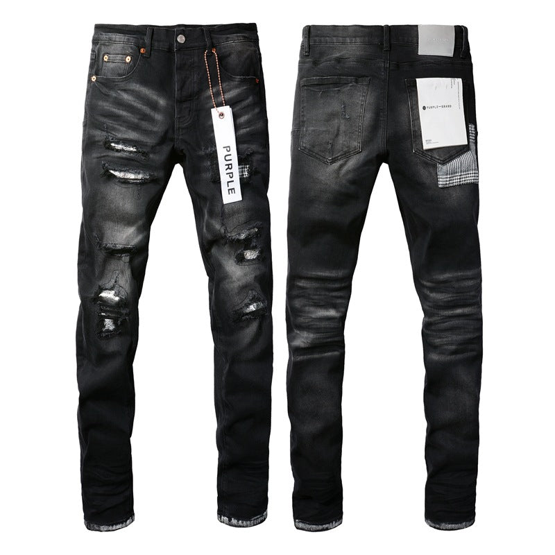 Jean noir tendance pour homme avec trou vieilli et personnalité unique 9001 