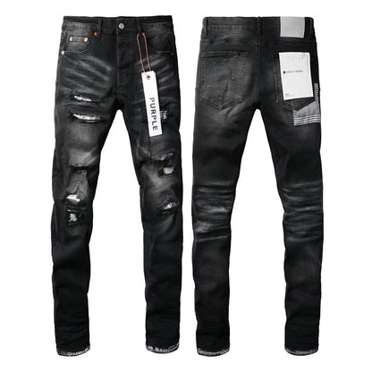 Jean noir tendance pour homme avec trou vieilli et personnalité unique 9001 