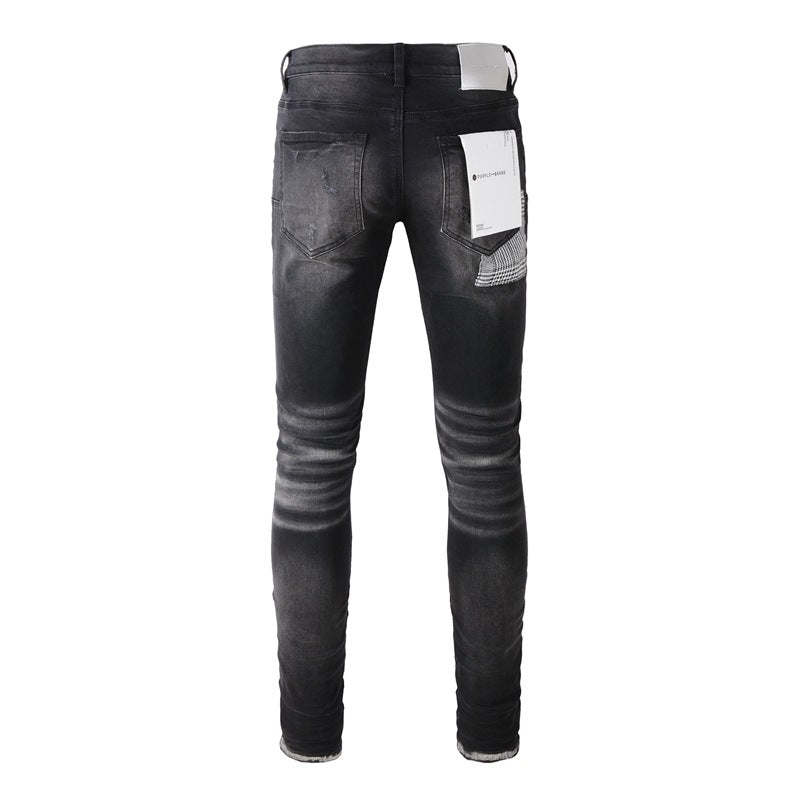 Jean noir tendance pour homme avec trou vieilli et personnalité unique 9001 
