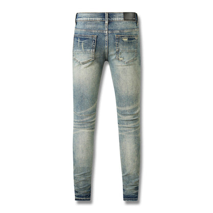 Mens Fashion Skinny Straight Slim Jeans 8602 Non Elastic Ripped Denim with Knee Tears