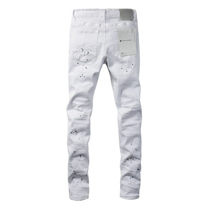 Jean déchiré à la mode vintage avec taches d'encre blanche 9021
