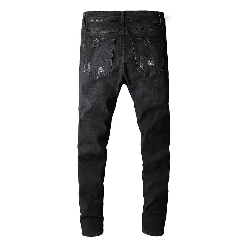 Men's Tight Fit Black Jeans with Paisley Patches and Distressed Details 669