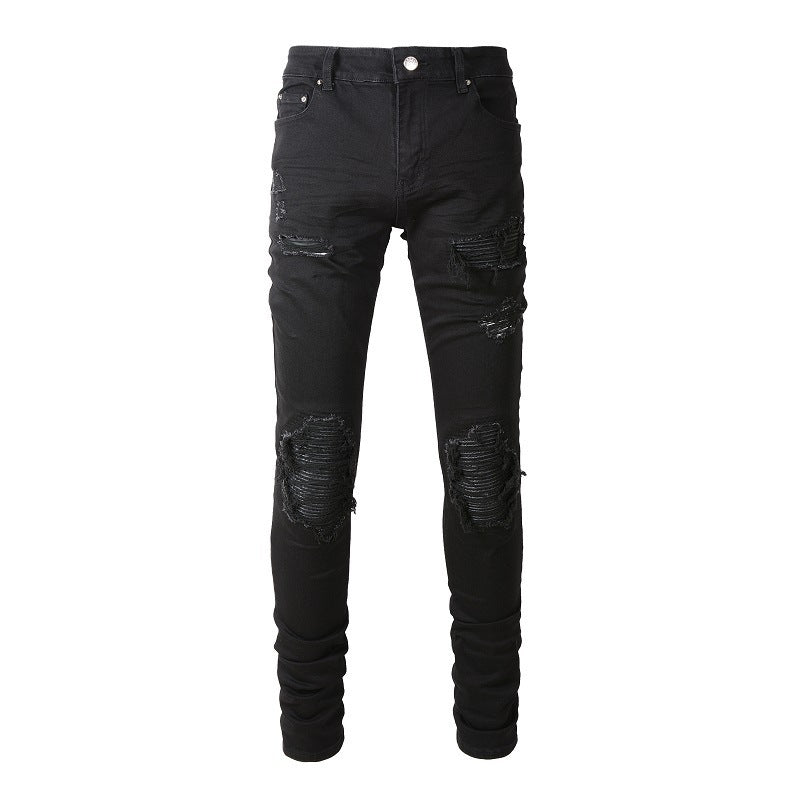 Men's Slim Fit Black Jeans with Wrinkled Details, Patches, and Ripped Design (602-8520)