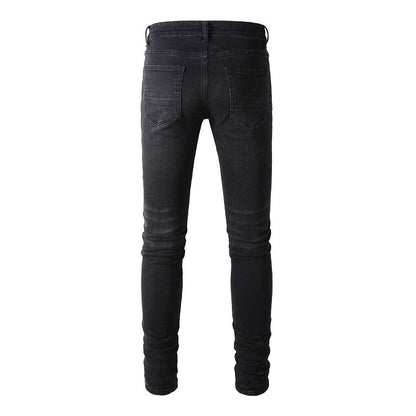 Jean slim stretch noir délavé avec détails en similicuir polyvalents (891-8833) 