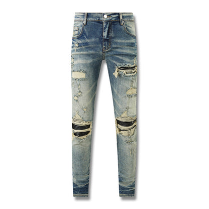 Mens Fashion Skinny Straight Slim Jeans 8602 Non Elastic Ripped Denim with Knee Tears