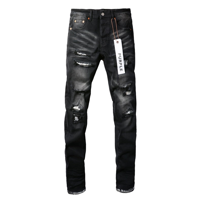 Jean noir tendance pour homme avec trou vieilli et personnalité unique 9001 