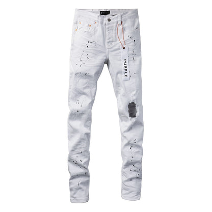 Jean déchiré à la mode vintage avec taches d'encre blanche 9021
