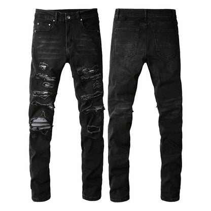 Jean slim stretch noir délavé avec détails en similicuir polyvalents (891-8833) 