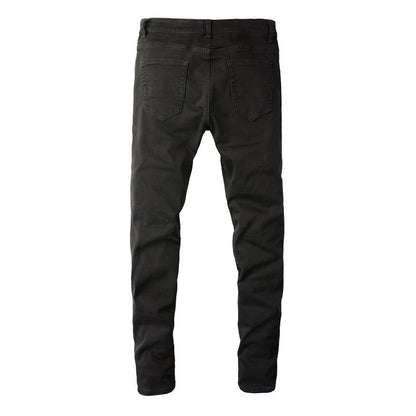 Men's Slim Fit Black Jeans with Wrinkled Details, Patches, and Ripped Design (602-8520)