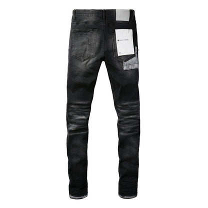 Jean noir tendance pour homme avec trou vieilli et personnalité unique 9001 